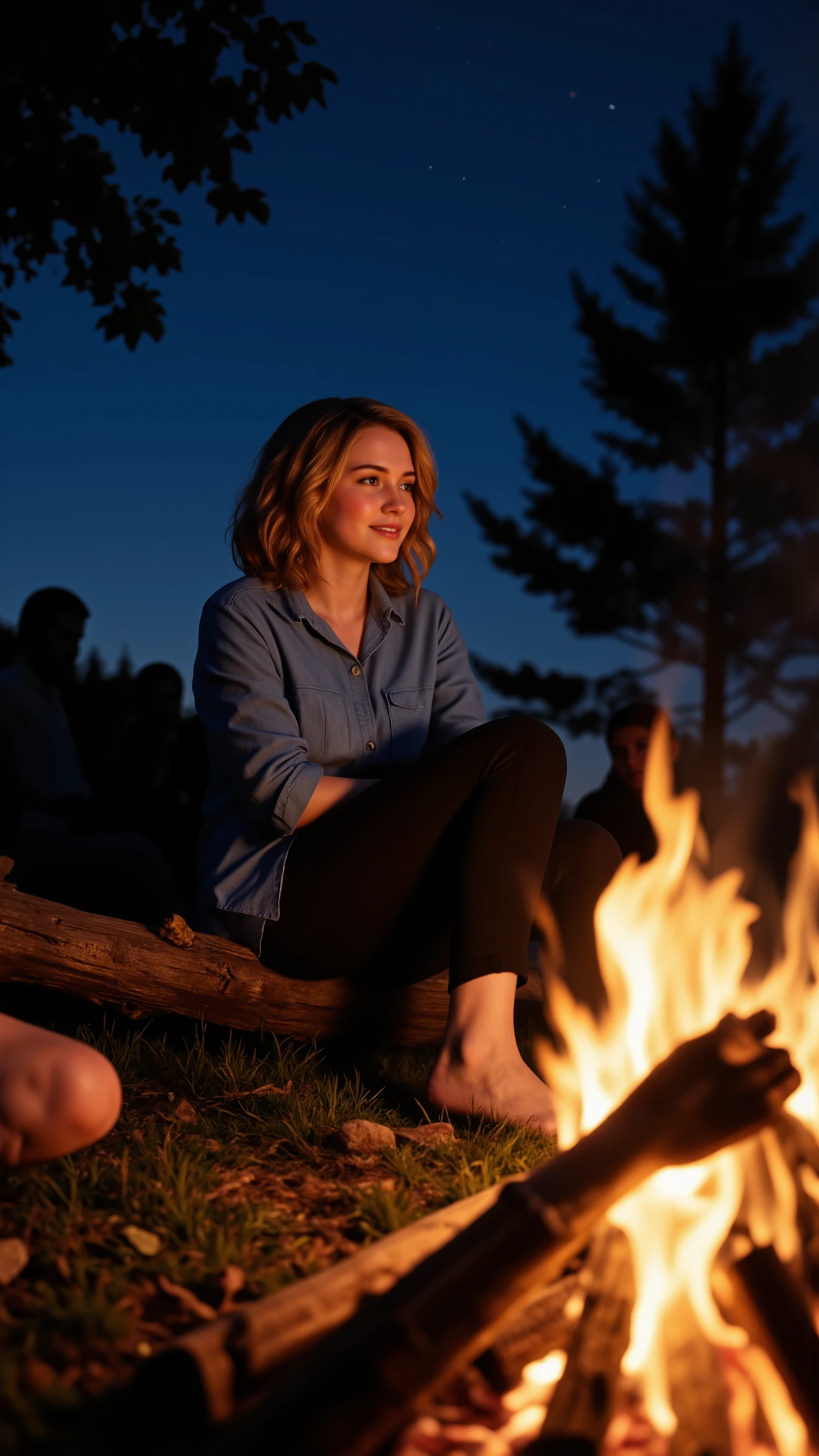 highdefinition images,campfire、Beautiful woman、sit on a tree stock in a blue shirt and black pants style、I'm watching the fire、A fun time with a few friends