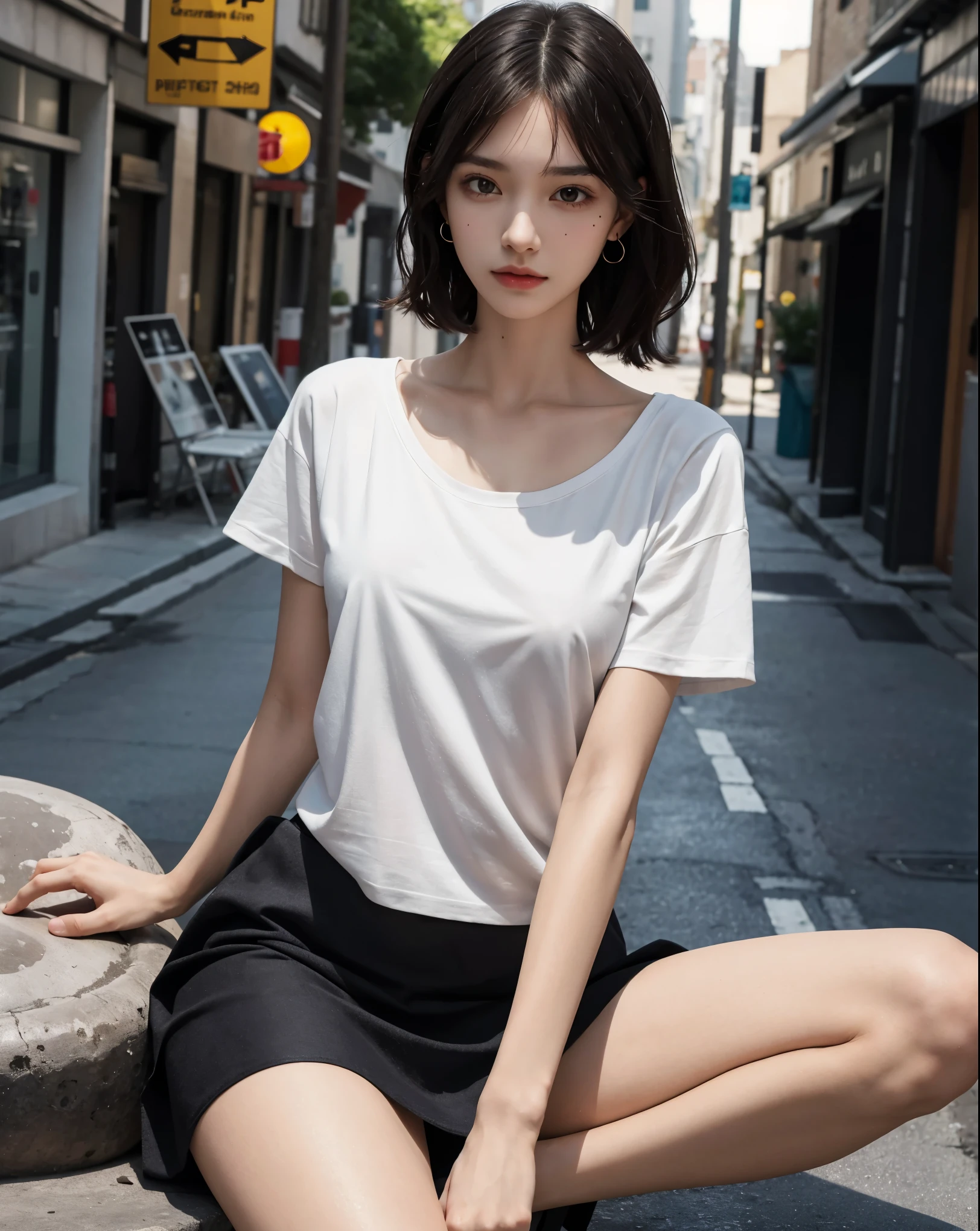 Caucasian woman, Redhead, ((curly hair)), medium hair, honey eyes, (focus on eyes), (reflections in eyes), shiny eyes, ((freckles)), red lipstick; athletic body, (small breasts), (((legs))), ((white skirt)), ((white top)), Top with short sleeves, ((crossover top)), wrist watch, bracelets, nails red, in park, walking, many people, back, buttocks, ass, back view, shot from behind. 