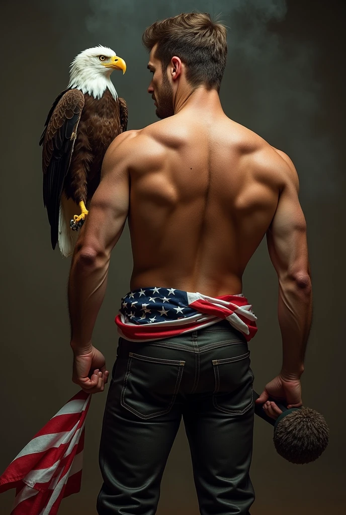 1 man, Beautiful eyes and face details, shirtless, nice body and defined muscles, best quality, Close-up, toned body, wearing nothing completely , exposing , correct  shape, (American male model) hot skin, master piece, Best qualities, Most beautiful man in the world, Handsome Man with American Flag on his background, full body shot,