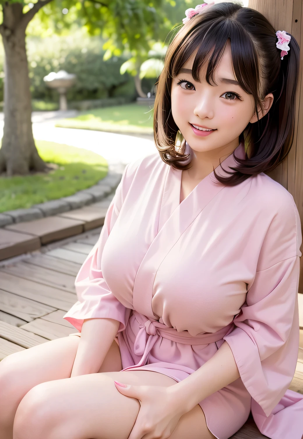 realistic, Japanese, 38 years old,Sonyoung Hair、A married woman with a youthful face despite her age, Sales staff, Pink bathrobe、Very big boobs, Mature women, Middle-aged Asian woman, The chubby Madonna of the company, Japanese Goddess