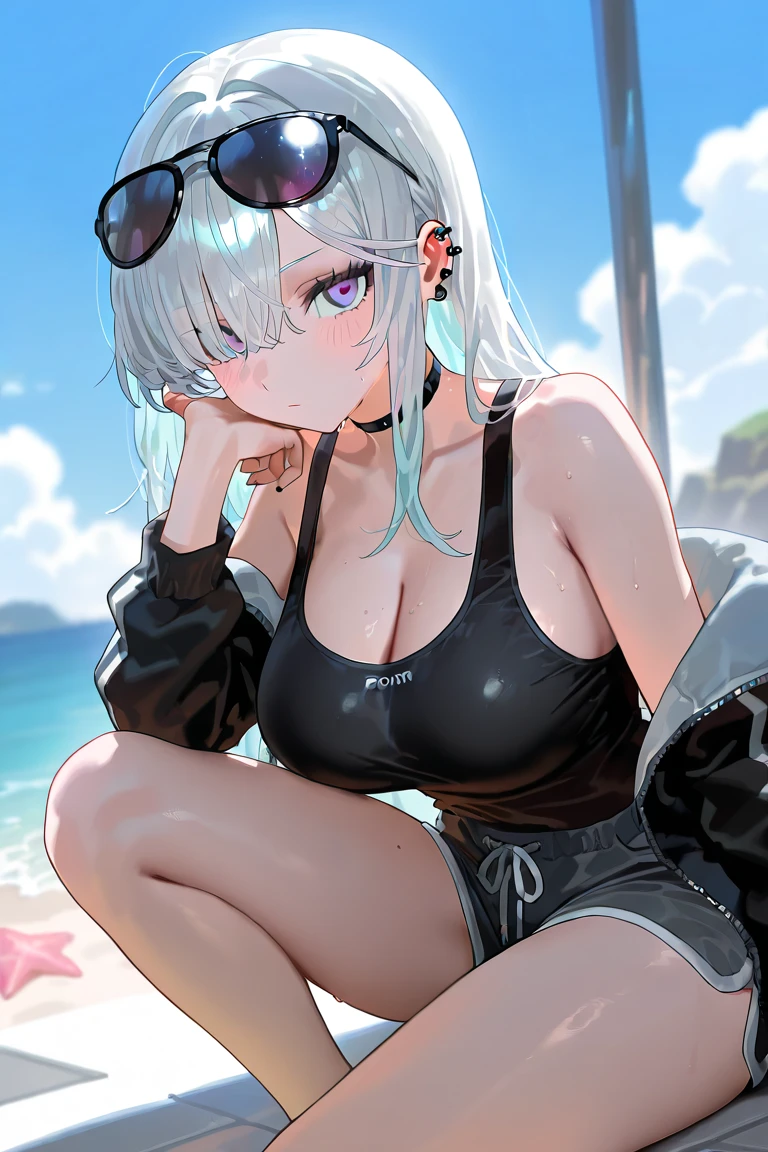 score_9,score_8,score_7,score_8_up,score_7_up、an anime character wearing a bra and underwear standing next to the water, 1girl, swimsuit, eyewear on head, breasts, bikini, blue eyes, solo, v, sunglasses, striped bikini, mole, hood, white hair, mole on breast, striped, looking at viewer, piercing, navel piercing