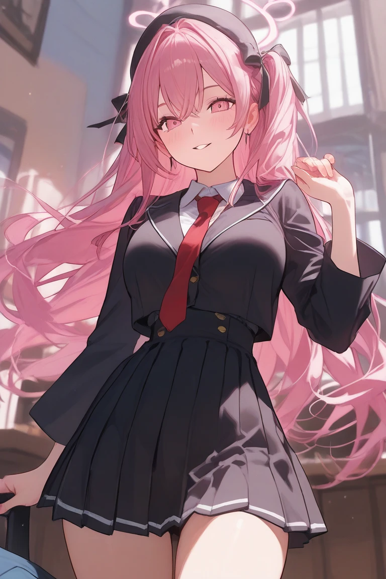 top-quality,Top image quality,in 8K,4K,masterpiece,ultra-detailliert,Beautiful、ultra-quality, best quality,high resolution, ultra-detailed,game cg,dutch angle ,beautiful detailed eyes, visualart,five fingers, perfect hands,beautiful girl,BREAK,(chibi:1.2),(flat chest),long hair,pink hair,half twin tail,emerald green eyes,(Rabbit ear hair bands),(playboy bunny),(tailcoat, coattails), pantyhose,black jacket, long sleeves, buttoned jacket,grin,