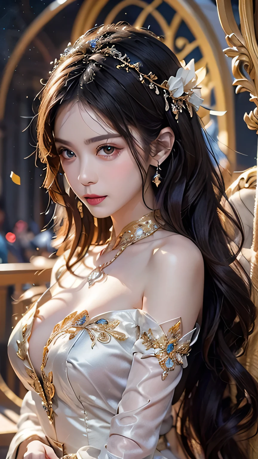 Portrait of a 21 year old saint,Charming adult saint in a long dress made of thin silk, beautiful saint with an old face, adult, She is wearing a bright pink colorful dress:1.5, beautiful face without blemishes, ((7 hair length colors:1.2)), big crown, hair brooch, Hanfu dress, Ancient Chinese style, Full-body jewelry, forehead tattoo, face tattoo,very even breasts, face, innocent face, The most beautiful and delicate light red lipstick, ((thin and plump lips:0.3)), ((golden eyes color:0.6)), Detailed and delicate lighting effects, Light and Darkness, dramatic lighting, magical lights, highly detailed lighting, natural color, very sharp, realistic, 8K quality, Fantasy space setting, A space of saints and magic, The most detailed images, ((alone:0.3)), ((to the saints:0.6)), ((Staring straight at saint&#39;upper body:0.4)), ((soft skin:0.5)), ((saint&#39;veil:0.6)),Tattoo , Face tattoo,Oiran , clothes made of jewels , Cherry Blossom , 🌸 , grassland , Close your eyes and sleep in the chair:1.5