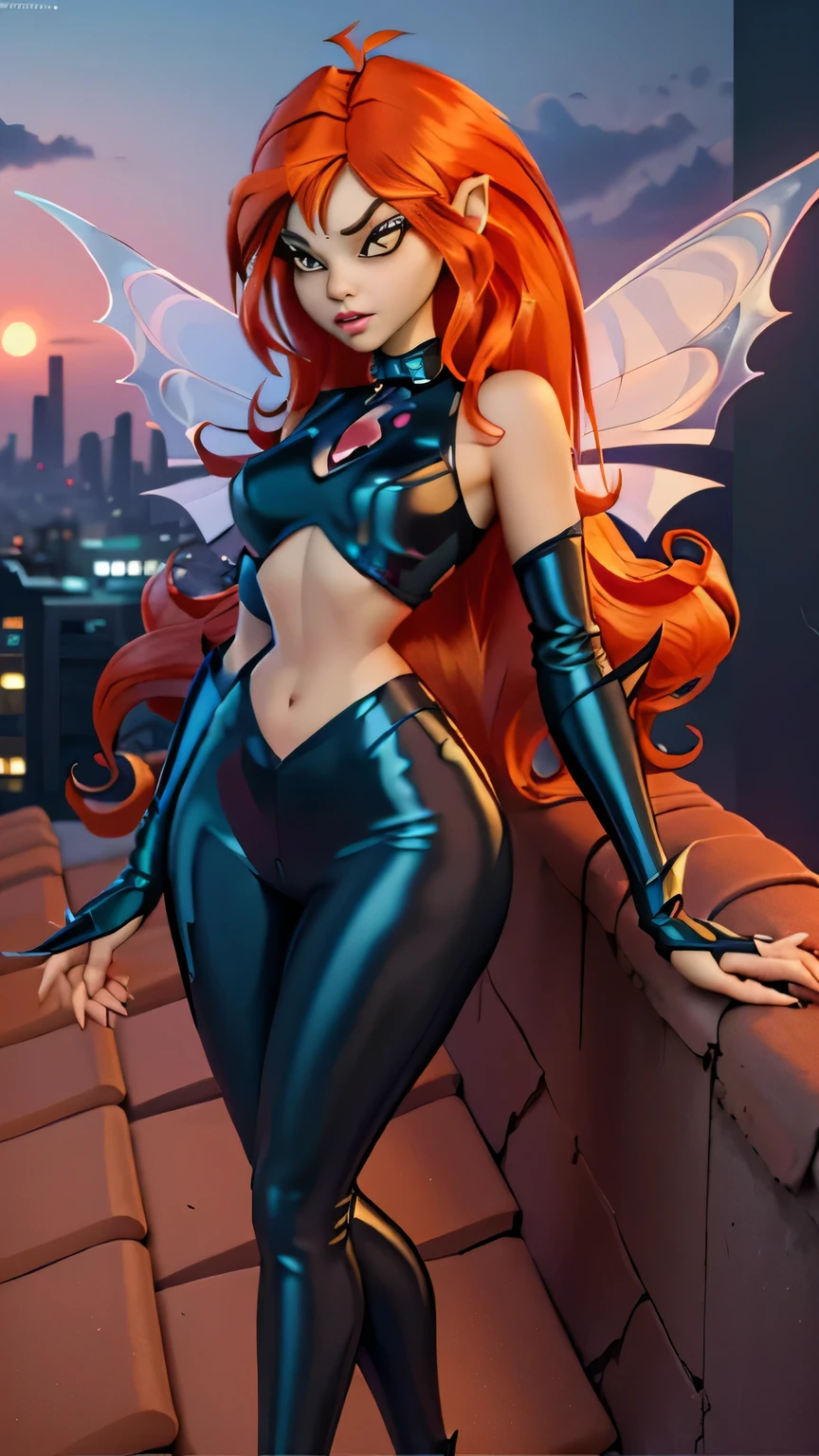 close up 1girl in, photo of Dark Bloom, Waifu, Anime style, Solo, (messy copper red hair, very long hair, thick red hair), (perfect clear skin, pale skin, detailed skin, large breasts, round breasts, perfect body, skinny, thin, thin hips, thin waist: 1.25), (fairy wings, wings, two wings, translucent wings: 1.35), (bord expression, cleavage, focus on breasts:1.2), ((cat woman cosplay, wearing sleek, tight-fitting black latex catsuit, pointed ears on mask, a utility belt with pouches, sharp retractable claws on gloves), (high detailed city environment, rooftop Skyline, evening),(realistic photo, best quality, detailed), (8k wallpaper), (natural lighting, beautiful light, delicate, soft colors, cinematic)