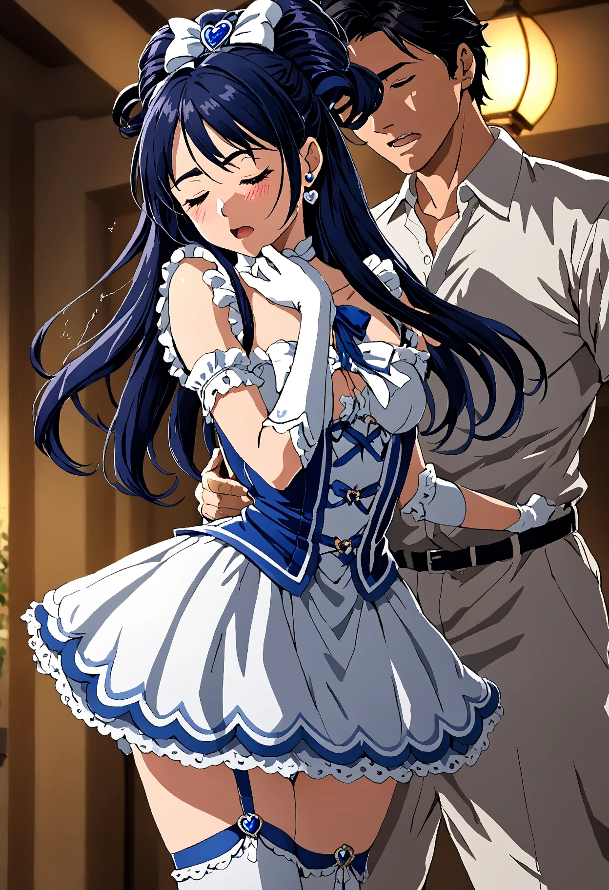 (Suffering from being held by a muscular man:1.5)、Cure White,hair ribbon,Chest ribbon, mini skirt, white choker, thigh straps, elbow gloves, heart brooch,Heart Earrings,detailed hair and outfit, long flowing dark blue hair, white and blue frilly dress, white gloves and boots, blushing, feeling pain, suffering from arm being bitten by enemy, dynamic and intense scene, background with sound waves, eyes closed, masterpiece, best quality, highly detailed background, perfect lighting, (beautiful, best quality: 1.1), masterpiece, perfect eyes, (beautiful), (erotic: 1.2)