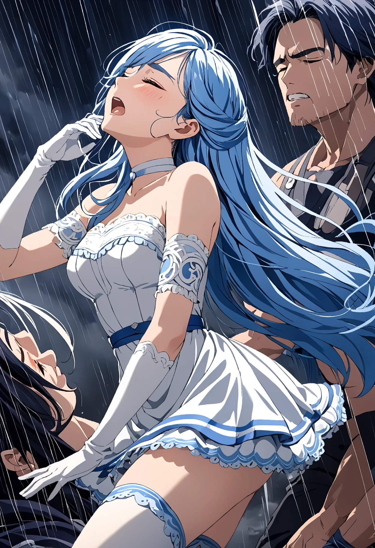 (Suffering from being held by a muscular man:1.5)、Cure White,hair ribbon,Chest ribbon, mini skirt, white choker, thigh straps, elbow gloves, detailed hair and outfit, long flowing blue hair, white and blue frilly dress, white gloves and boots, blushing, feeling pain, suffering from arm being bitten by enemy, dynamic and intense scene, background with sound waves, eyes closed, masterpiece, best quality, highly detailed background, perfect lighting, (beautiful, best quality: 1.1), masterpiece, perfect eyes, (beautiful), (erotic: 1.2)