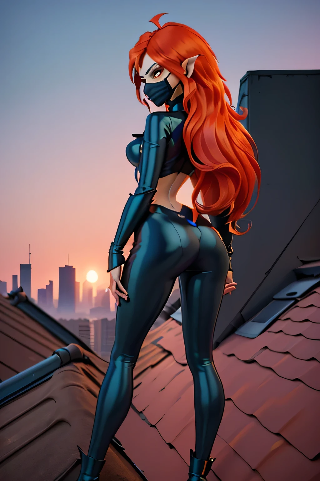 close up 1girl in, photo of Dark Bloom, Waifu, Anime style, Solo, (messy copper red hair, very long hair, thick red hair), (perfect clear skin, pale skin, detailed skin, large breasts, round breasts, perfect body, skinny, thin, thin hips, thin waist: 1.25), (she is looking away from camera, shot from behind, up skirt, focus on ass:1.2), ((cat woman cosplay, wearing sleek, tight-fitting black latex catsuit, pointed ears on mask, a utility belt with pouches, sharp retractable claws on gloves), (high detailed city environment, rooftop Skyline, evening), (realistic photo, best quality, detailed), (8k wallpaper), (natural lighting, beautiful light, delicate, soft colors, cinematic)