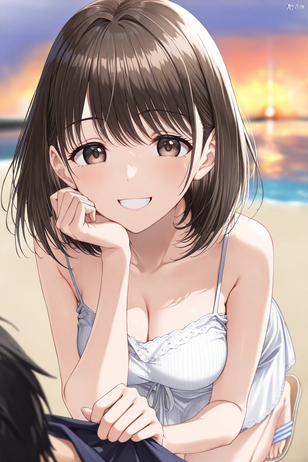 hight resolution,8K,Best Quality,detaileds,semi - realistic anime,Anime 3D Style,Smooth Anime CG,1 girl in,18-year-old woman in Japan,slim,modeled,shiny chestnut hair,Medium Hair,Detailed face,Beautiful and detailed eyes,Glowing skin,(yellow sundress),A smile,Pose with the wind blowing and holding down the hair,You can see the Bay Bridge,Daytime in summer,Background blur