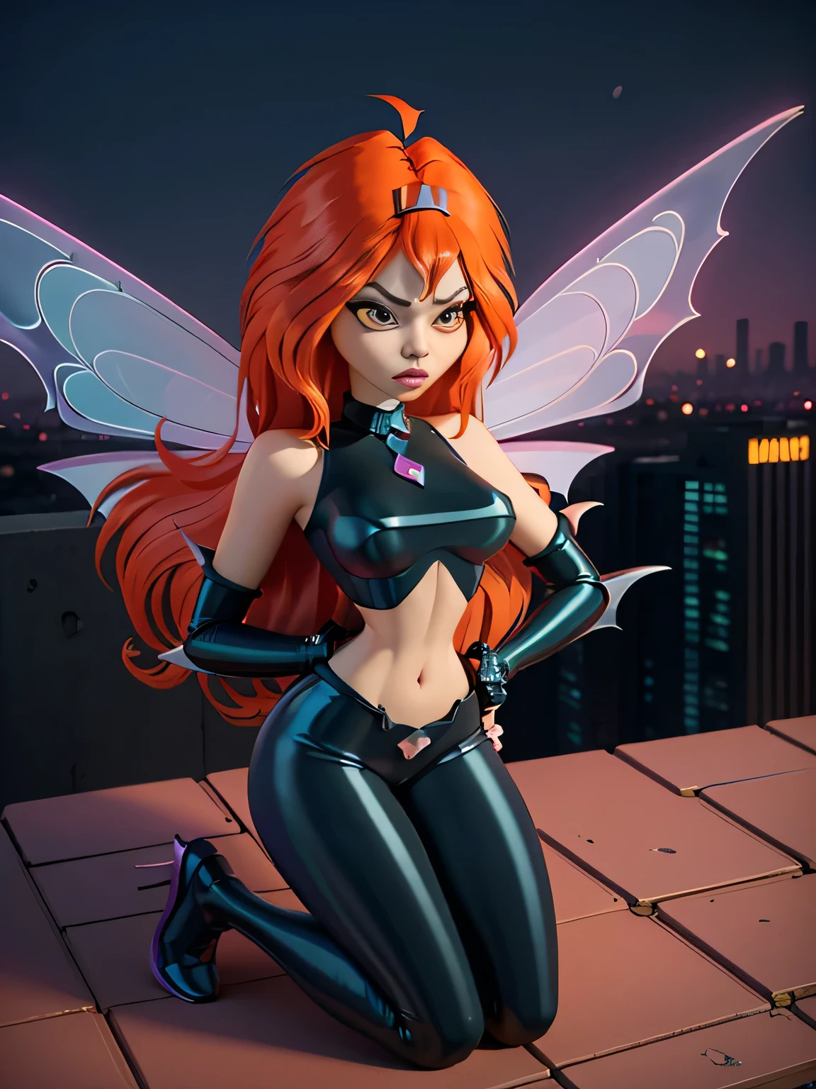 close up 1girl in, photo of Dark Bloom, Waifu, Anime style, Solo, (messy copper red hair, very long hair, thick red hair), (perfect clear skin, pale skin, detailed skin, large breasts, round breasts, perfect body, skinny, thin, thin hips, thin waist: 1.25), (fairy wings, wings, two wings, translucent wings: 1.35), ((kneeling down before photographer, splits kneeling, legs apart), looking up at pov, sad expression, pleading, overhead perspective), (cleavage, focus on breasts:1.2), ((cat woman cosplay, wearing sleek, tight-fitting black latex catsuit, pointed ears on mask, a utility belt with pouches, sharp retractable claws on gloves), (high detailed city environment, rooftop Skyline, evening), (realistic photo, best quality, detailed), (8k wallpaper), (natural lighting, beautiful light, delicate, soft colors, cinematic)