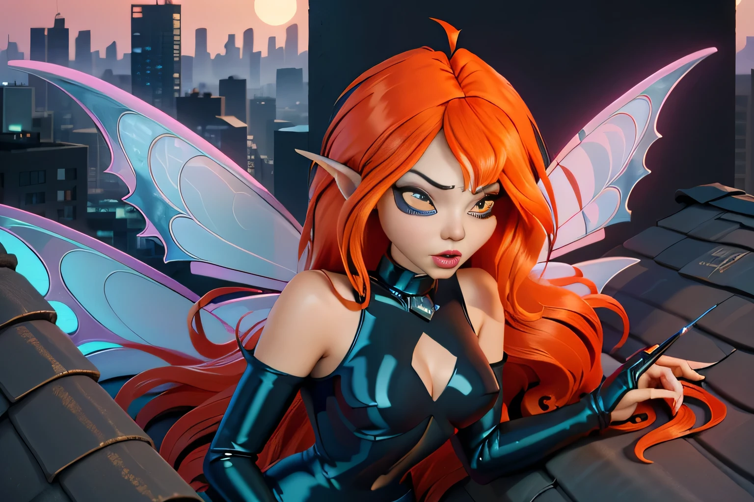 close up 1girl in, photo of Dark Bloom, Waifu, Anime style, Solo, (messy copper red hair, very long hair, thick red hair), (perfect clear skin, pale skin, detailed skin, large breasts, round breasts, perfect body, skinny, thin, thin hips, thin waist: 1.25), (fairy wings, wings, two wings, translucent wings: 1.35), (lying face down, pushup, chest squished, chest touching ground leaning forward, sleepy expression, Half-Lidded eyes, cleavage, focus on breasts:1.2), ((cat woman cosplay, wearing sleek, tight-fitting black latex catsuit, pointed ears on mask, a utility belt with pouches, sharp retractable claws on gloves), (high detailed city environment, rooftop Skyline, evening), (realistic photo, best quality, detailed), (8k wallpaper), (natural lighting, beautiful light, delicate, soft colors, cinematic)