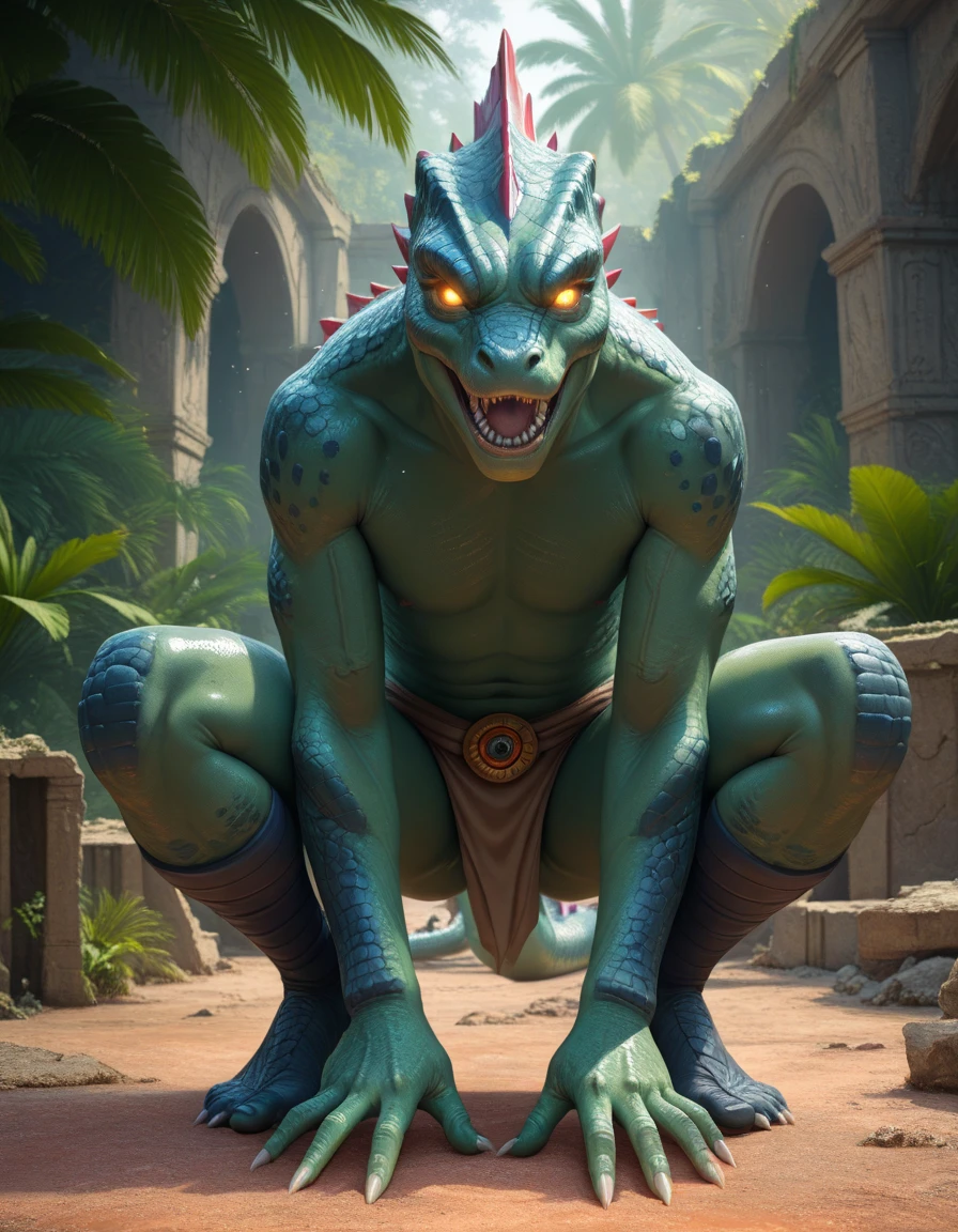 A muscle green lizardmen, a muscle male green alligator , aztec clothes, showing his butt, detialed seductive face, ultra detialed eyes, naked, ultra detailed hands and fingers, yellow ligth 