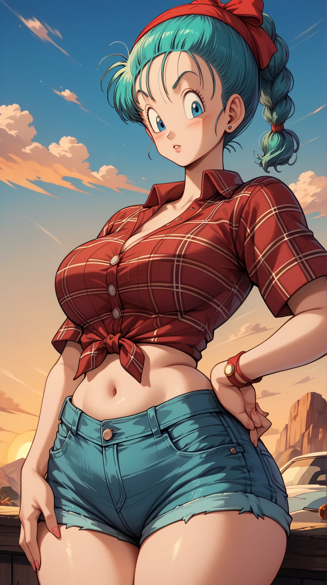 1girl, beautiful, perfect lighting, muscular, thick thighs, mature female, milf, navel, abs, looking at viewer  (masterpiece, high quality:1.1) ,cowboy hat,body freckles,barn,pale skin,red hair, braid, ,short shorts,plaid shirt, skindentation, cleavage,grin