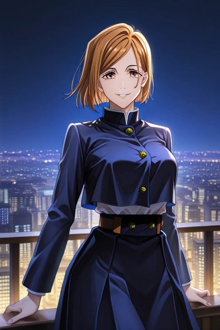 score_9, score_8_up, score_7_up, score_6_up, h1m3n0, 1girl, , mature female, Kugisaki Nobara, brown short hair, brown eyes, jujutsu uniform, seductive smile, balcony, seductive pose