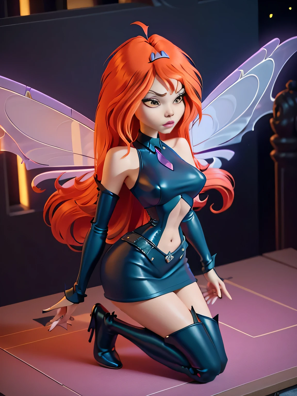 close up 1girl in, photo of Dark Bloom, Waifu, Anime style, Solo, (messy copper red hair, very long hair, thick red hair), (perfect clear skin, pale skin, detailed skin, large breasts, round breasts, perfect body, skinny, thin, thin hips, thin waist: 1.25), (fairy wings, wings, two wings, translucent wings: 1.35), ((kneeling down before photographer, splits kneeling, legs apart), hands behind her back, looking up at pov, sad expression, pleading, overhead perspective), (cleavage, focus on breasts:1.2), (wearing full length wizard robes purple, corset, bare shoulders, thigh high boots, chains:1.1), (dancing pose:1.21), (detailed Castle roof background:1.1), rooftop, overlooking medieval city, (realistic photo, best quality, detailed), (8k wallpaper), (natural lighting, beautiful light, delicate, soft colors, cinematic)