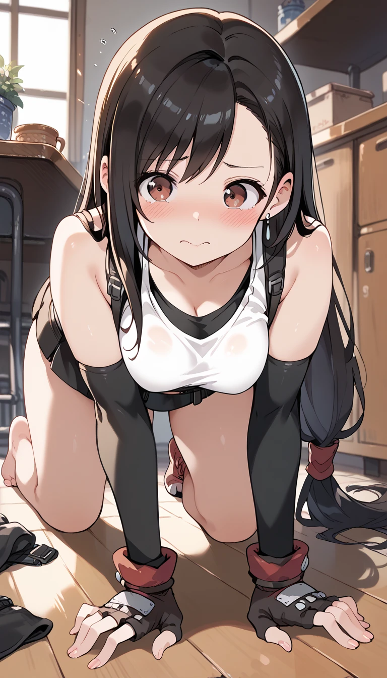 masterpiece, best quality, highres, Tohsaka Rin, 1girl, solo, busty, normal breasts, black hair, twintail, sport bra, short skirt, looking at viewer, full body, standing, simple background, (erotic pose:1.4), blush, flustered, (Crotch panties exposed:1.3), ((arms behind head, double armpits, crouching down, half-squat, Open the crotch before:1.3)), Half body, upper body, In the middle, symmetrical,