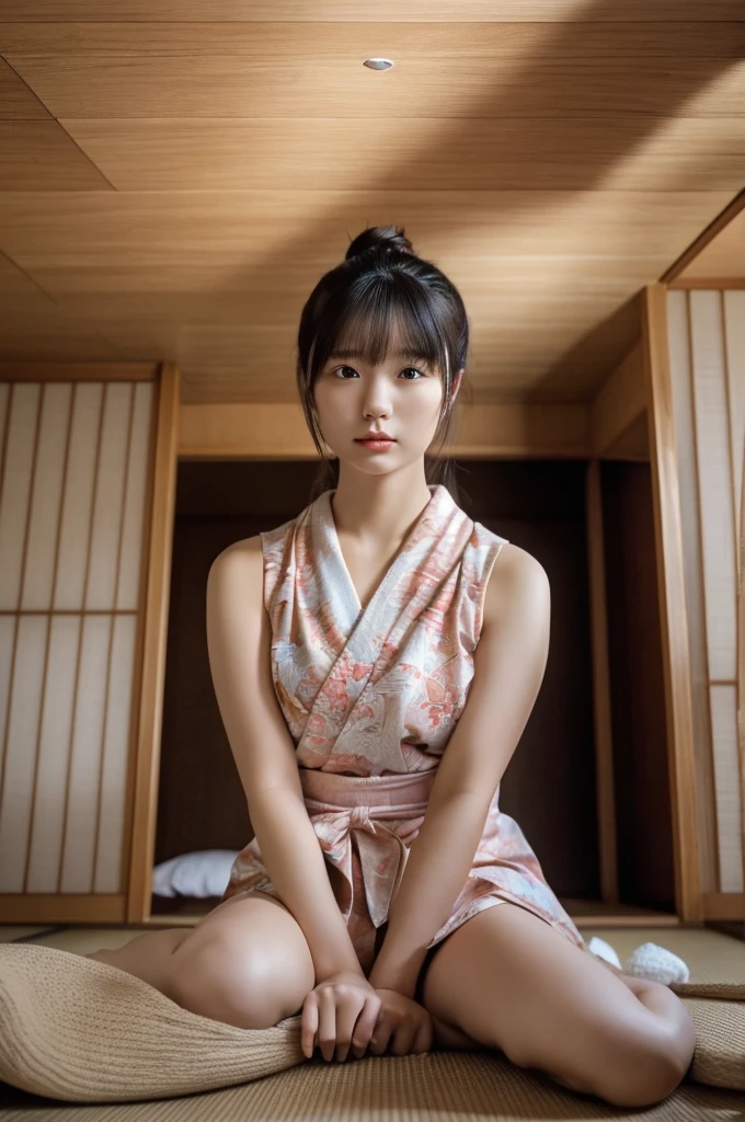 One Japan woman in a traditional house in an old Japan, (NSFW, Real Face, Real Skin, Real nipples, Real areola, masutepiece, Beautiful face, 16 K, Best Quality), Dark room, Faint lighting, mid night:2, darkness:2, deep v neck, wide chest opening, Deep cleavage, Elegant dress, Interior of an old house with natural beauty and a calm Japan, a bucket of water in the kitchen placed on an earthen floor where cooking or agricultural work was carried out,,Tatami floor room at the back of the dirt floor, Tatami mats with moisture control and heat retention, Rooms with multiple rooms separated by fusuma, Fusuma that can be opened and closed to change the layout, futon bedding、bureau、Shoji paper pasted on the window of the room,Shoji paper brings soft light to the room with the transparency of Japanese paper.,