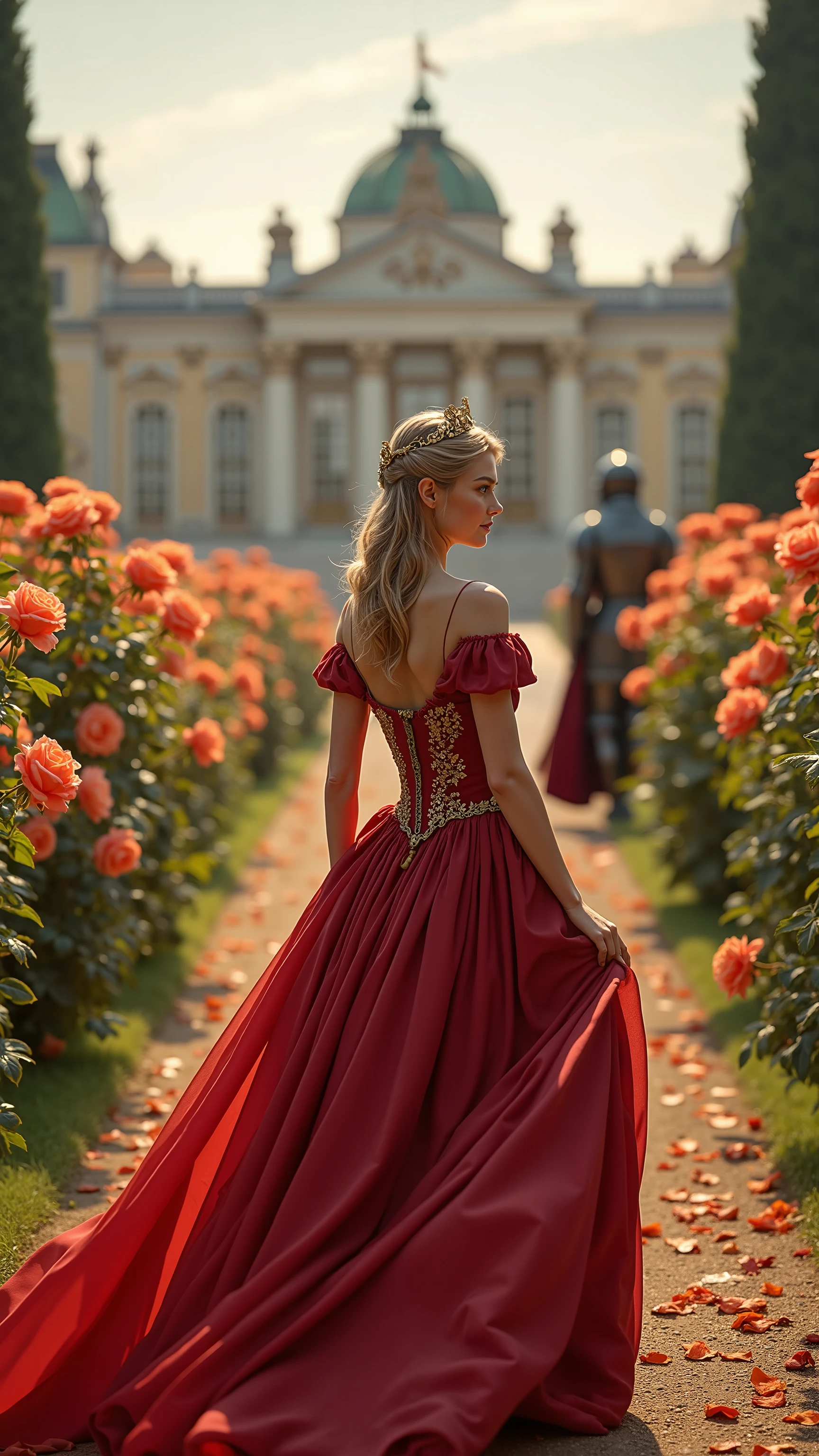 highdefinition images,The Rose Garden at the Palace of Versailles、Seeing Orange Roses。The Princess in a Crimson Dress、A medieval European knight guards it behind