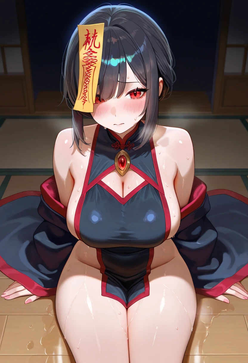 a beautiful and stunning woman with long, wavy dark black hair and red eyes, wearing a black kimono with a red floral print , orange fox ears, (( :3 )) , twin bells harpin, bell ornament hair, lying on the bed with a shy smile, red cheeks and light freckle marks only on her face, defined silhouette, big breasts, thick thighs, earrings of skulls, dark environment, dark colors, pastel tone, cold palette, sharpness, attention to detail, richness of details, cute aesthetics, cherry flowers decorating the hair
