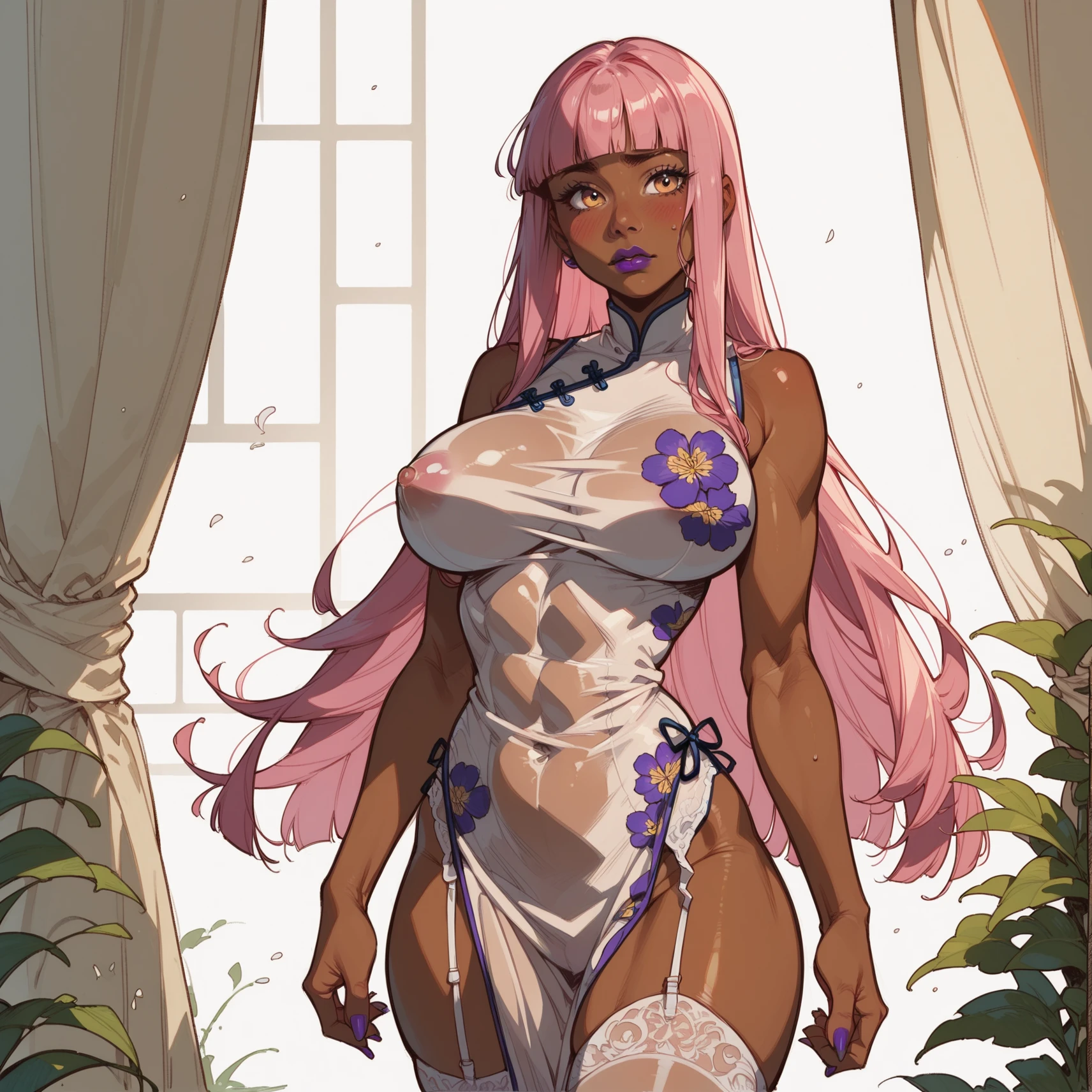 Sexy skinny ebony skinned female wearing white lacey lingerie busty, thicc thighs, has long pink wavy hair, perfect eyes, perfect face, masterpiece, solo, alone, (SOLO)(ALONE) showing belly, pink iris, legs spread open on bed