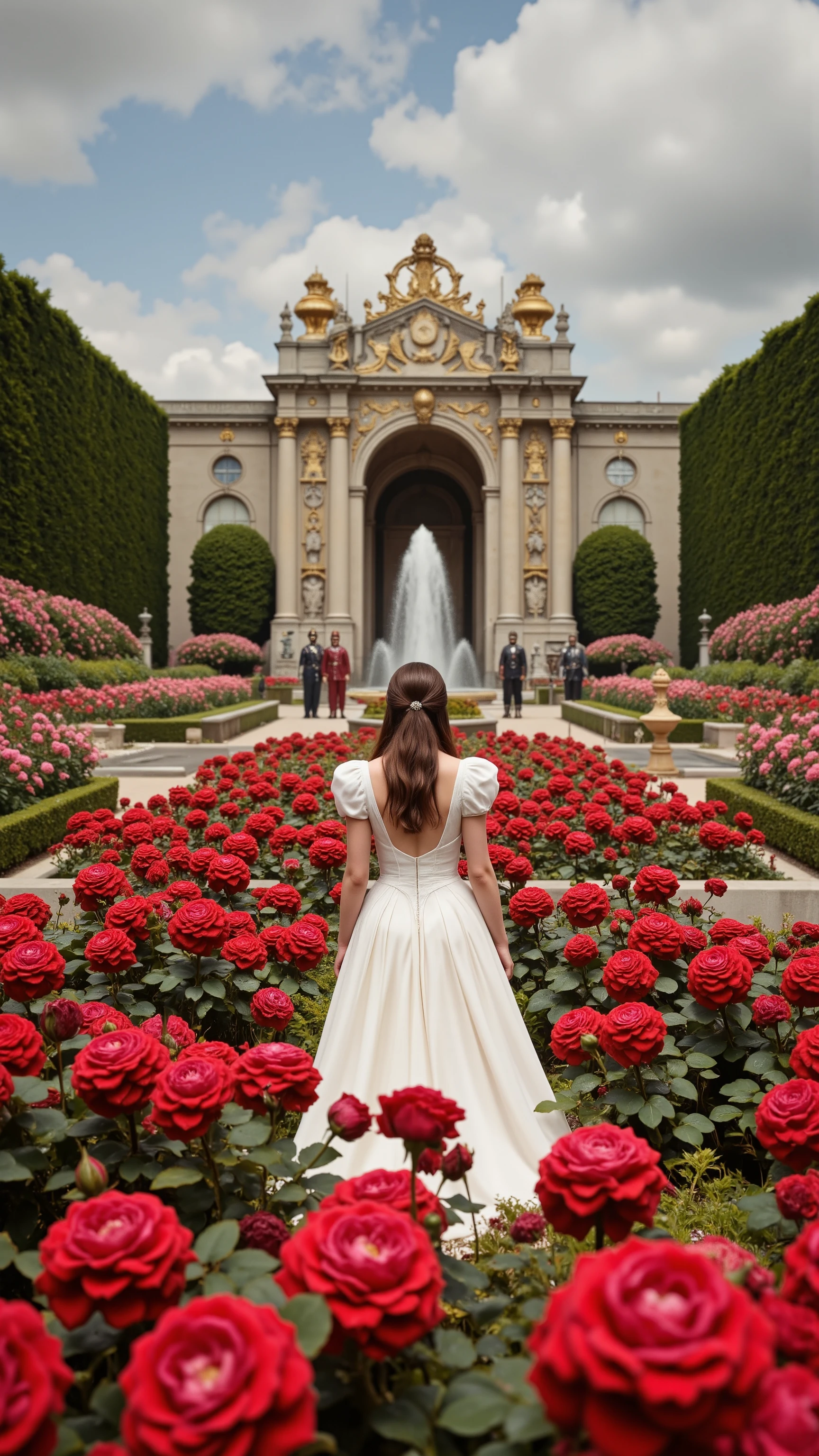 highdefinition images,The Rose Garden at the Palace of Versailles、Seeing 赤いRoses。The Princess in 白いDress、4人A medieval European knight guards it behind