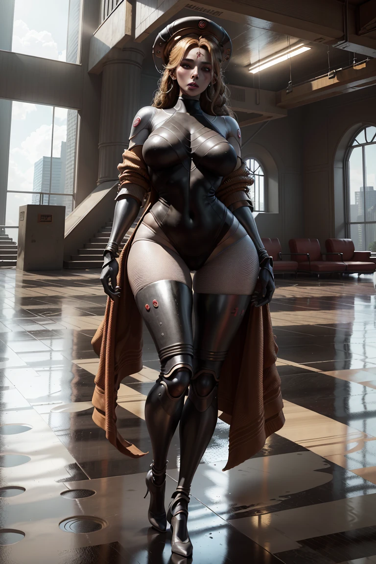 masterpiece, (photorealistic), (8k wallpaper) , (best quality), perfect quality, solo, girl, figure : (very full figure, very curvy, very chubby, plump, love handles, muffin top, very soft, soft jiggling body, very thick, big breasts, sexy, sexy pose, big deep navel, very fat thighs, fat ass), pose : (sexy pose, one arm on belly, belly grab, another arm on hip), clothes : (golden jacket)