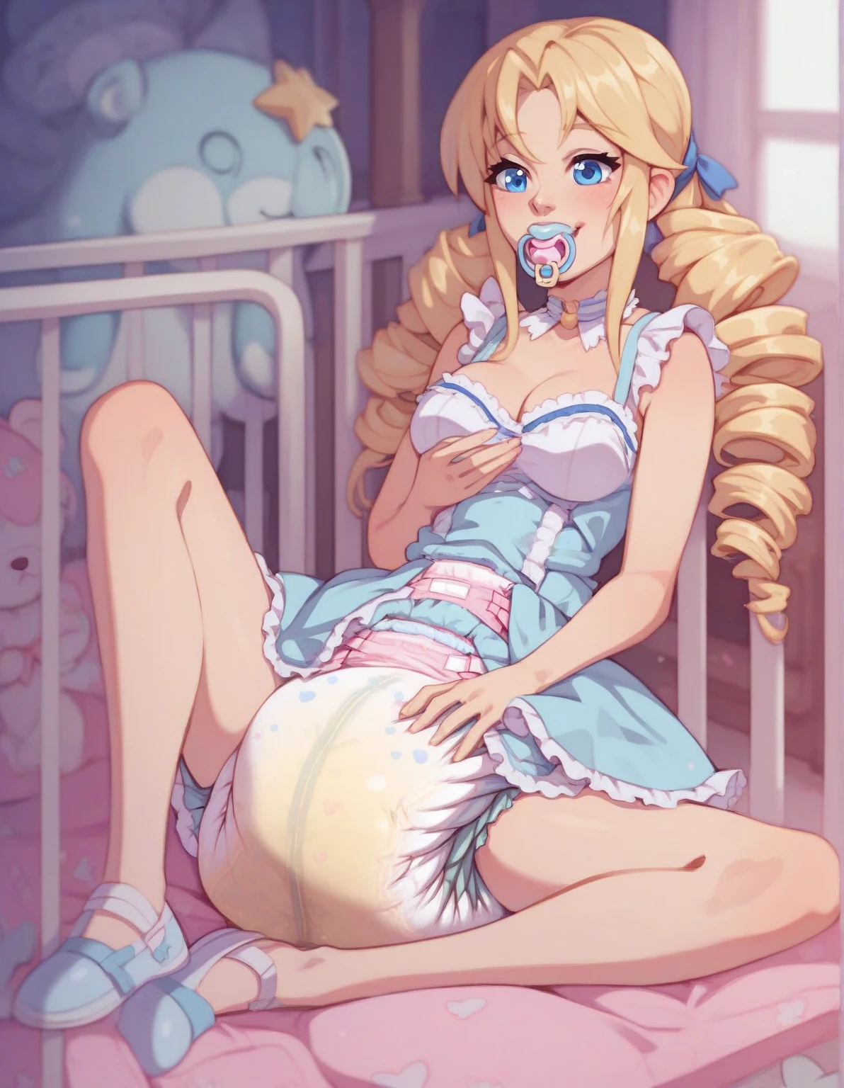 Solo, 1girl, 19 years old, large breasts, triple D cup breasts, round buttocks, bubbly buttocks, wide hips, bubbly ass, nurse, nurse cap, twin tails, yellow hair,,  laying on bed , legs spread apart, ((blowjob pov)), sharp outline, short sleeve, breasts out, grabbing her breasts, detailed nipples , ((pressing her breasts together)),highest quality, masterpiece, cleavage, nsfw