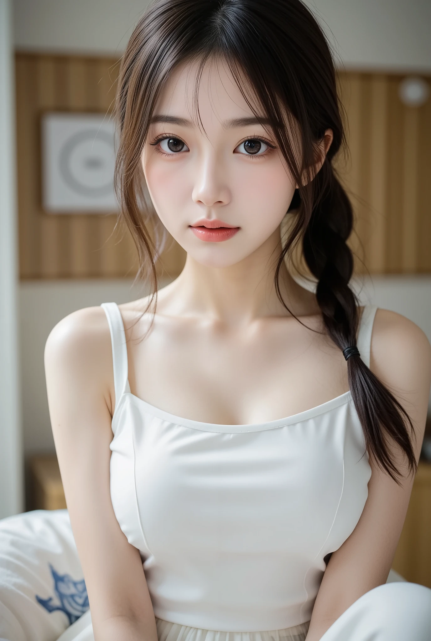 ((Best Quality, 8K, Masterpiece: 1.3)), perfect Korean e-girl makeup, sexy push up tank top that emphasize perfect cleavage, amazing breast enhancement, refresh, hard blushing, perfect long strong winged eyeliner, perfect cleavage, big breasts, wants your cum on her breasts, squeeze arms, shocked expression, mouth open, wide jaw drop, tongue out, perfect breast shape, chubby chin, cute face, red lips, beautiful eyes detail, sports bra, upper body focus, full lips, lively face, lustful look, breast enhancement, perfect breast cleavage line, bedroom, one girl