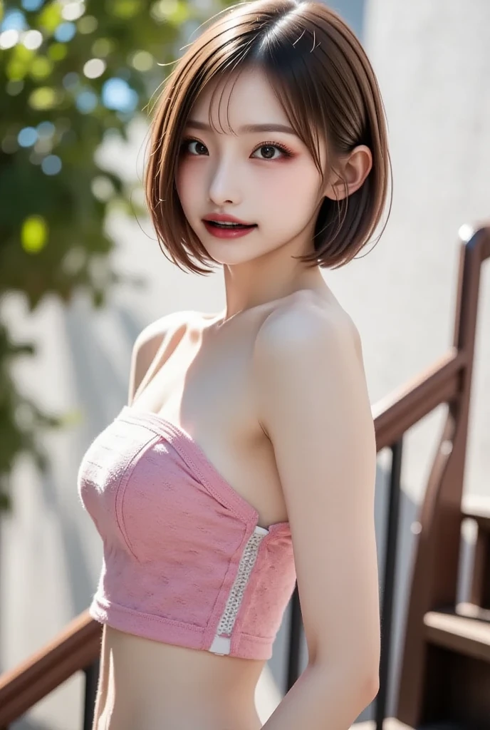 (RAW photo:1.2), (photorealistic:1.4),(masterpiece:1.3),(best quality:1.4),ultra high res,(detailed eyes),(detailed facial features),(detailed clothes features),HDR,8k resolution, solo focus, bangs, skin tight, (shiny skin),(slender girl),dreamlike,
(extreme detailed illustration),check commentary,commentary request,scenery,no text,
<lora:VirtualGirl-Rin:0.2>,VirtualGirl-Rin, small breasts, bob hair, short hair, brown hair, brown eyes,black choker,
1girl, upper body,
Pink spotted cotton pajamas,
Pink cotton pajamas,
White cotton slippers,
happy,smile,