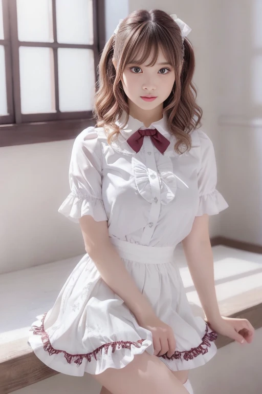 (upper body) , masterpiece , top quality , very detailed , 1 person, (contrasting eyes) , standing , blouse, skirt , bangs , room , indoor