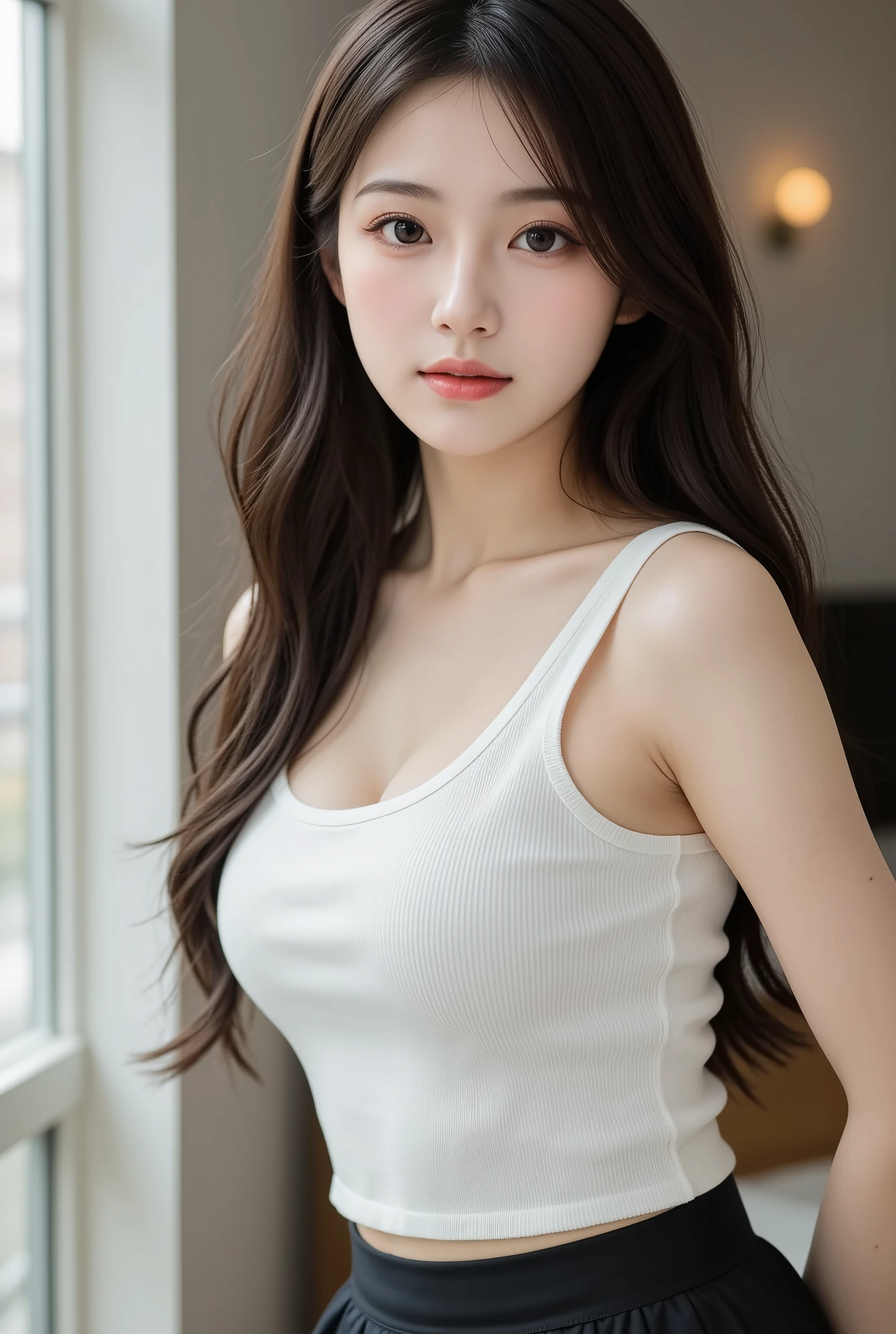 beautiful girl, slender face, Beautiful sharp eyes., model face, Beautiful makeup, beautiful long straight hair, 18 years old, wearing a white shirt, big breasts, white skin, อยู่ในทุ่งflower, flower, Very high detail, 8k, Realistic light, portrait,smile, happy, sit, Shooting Angle,
