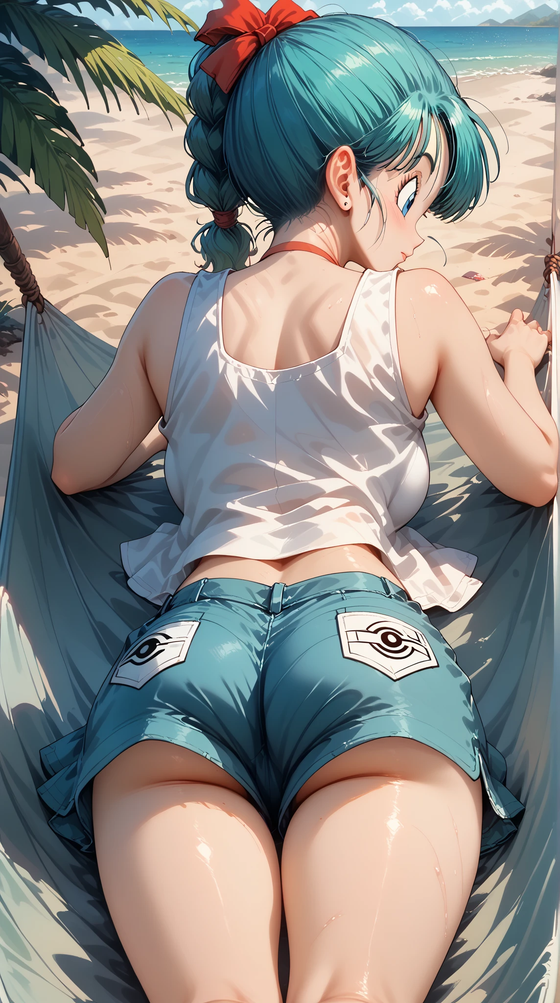 Tatsumaki( One Punch Man),ass vision, pussy, pussy wet,Dolphin Shorts , shorts aside,vaginal penetration,sitting on the penis,Wearing bra,On all fours,Focus Pink clothes,Complete penetration, wet pussy,On the beach with people watching ,giving blowjob 