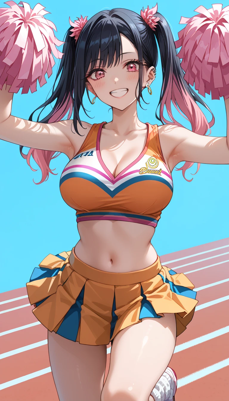 ((Cheerleader、Highest quality、Masterpiece、High resolution))、(((Zoom photo from above、semen、Bukkake、Wet body、Wet Hair)))、(smile、blush)、Big Breasts、Cleavage、Inside the gym、Blue Hair