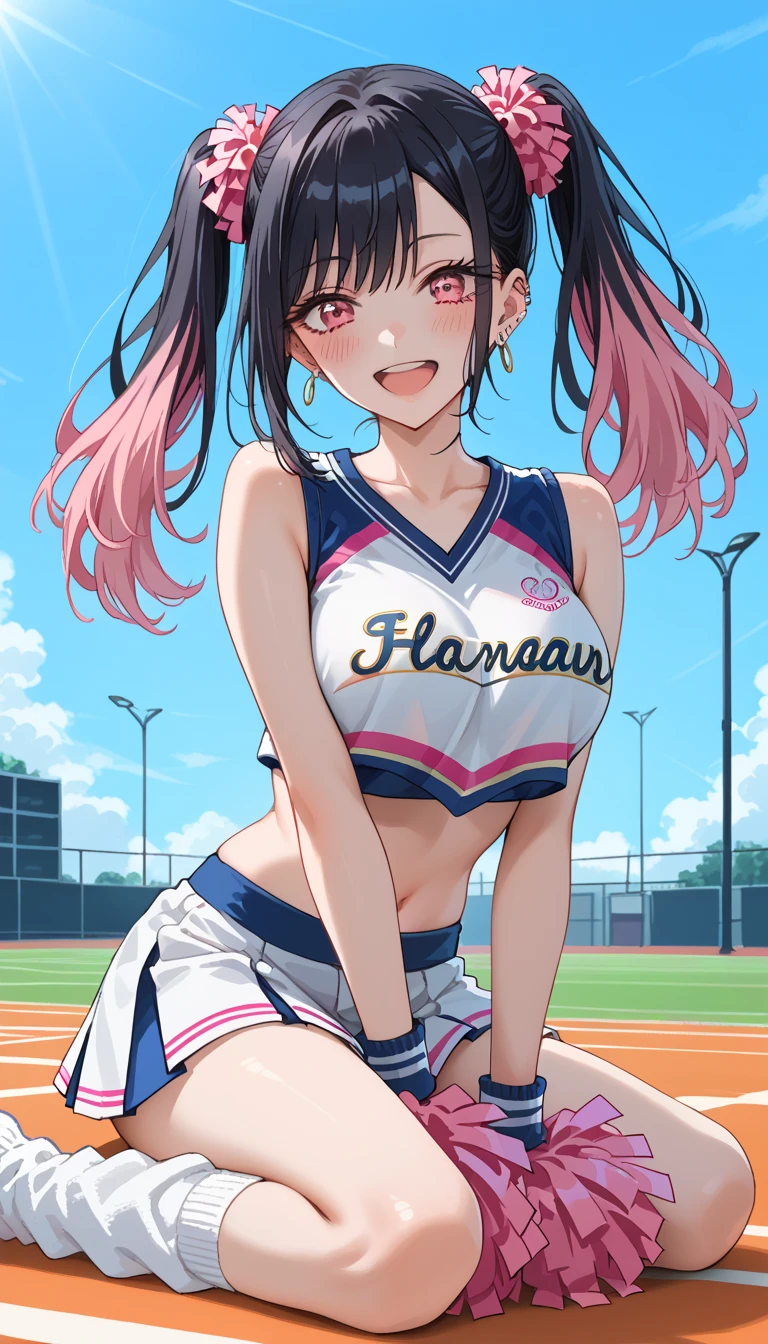 masterpiece, best quality, 8K, 1 girl, detailed face, detailed skin, detailed outfit, detailed background, perfect eye, cute, erotic, beautiful legs, mischievous smile, opened mouth, blushing, sparkling sweat, sleeveless shirt, baseball uniform, light blue shirt, navel piercing, diamond pierce, pleated mini skirt, light pink skirt, thigh baring, pearl bracelet, pearl necklace, pearl earing, baseball stadium, she is yelling, standing at audience seat, harsh sunlight, gal, bitch, dark skin, black hair, pink eyes, permed twin tail, hair flower, cap