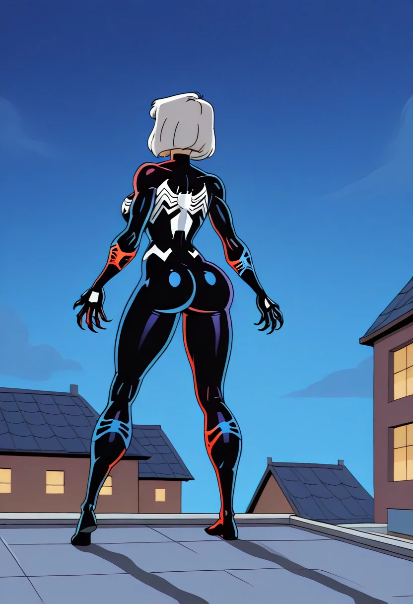 comic  a full body woman, wears a bodysuit, a spiderman mask lookalike, on top of a building, night, city lights background  <lora:SpiderGwen1024:0.9>  . graphic illustration, comic art, graphic novel art, vibrant, highly detailed