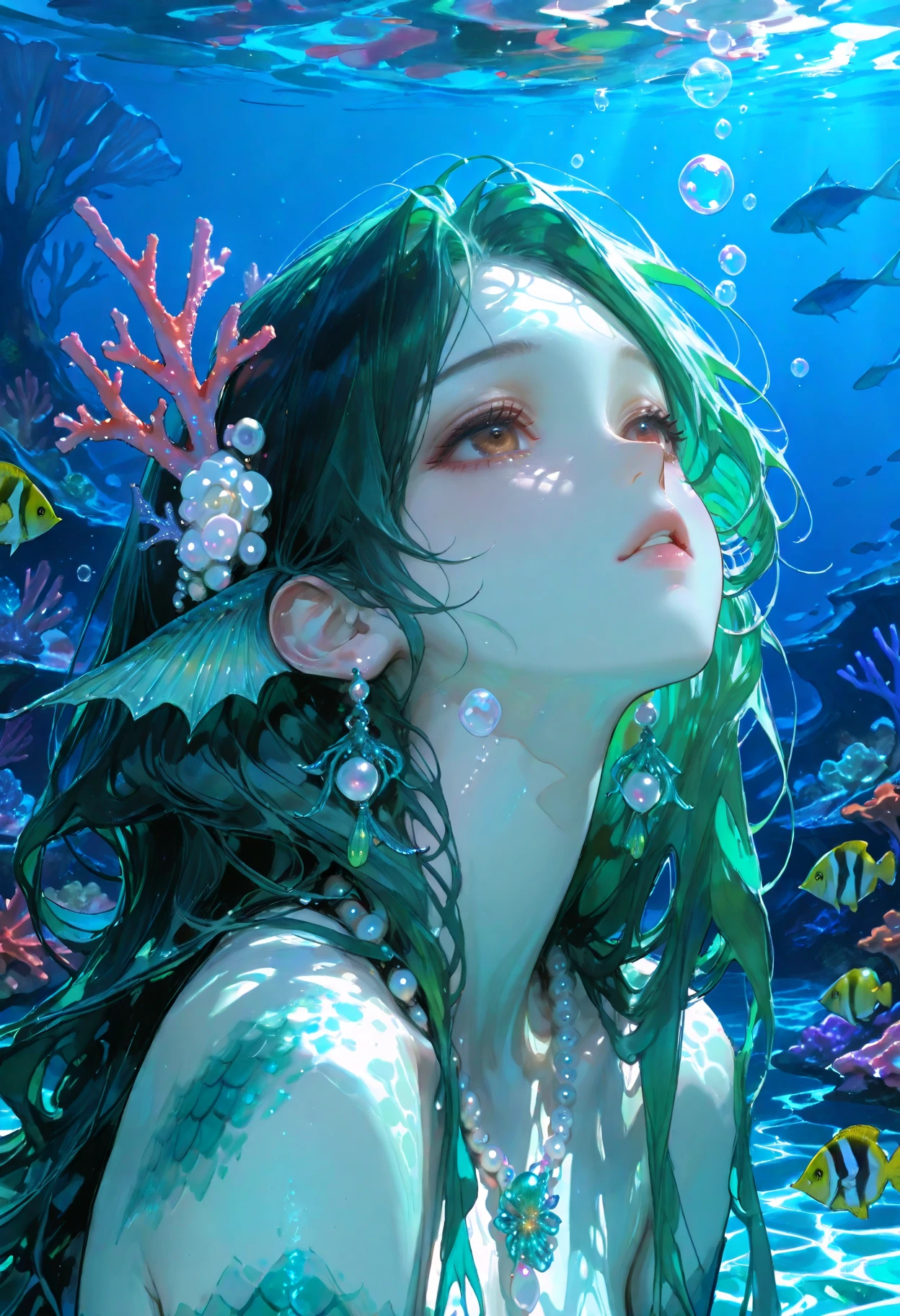 1girl, underwater, skeleton,??????,Beneath the sea, where tendrils of coral and vines abound, a (mermaid) girl stares at you from amidst a pile of bones and skulls. Her eyes gleam with an eerie light.