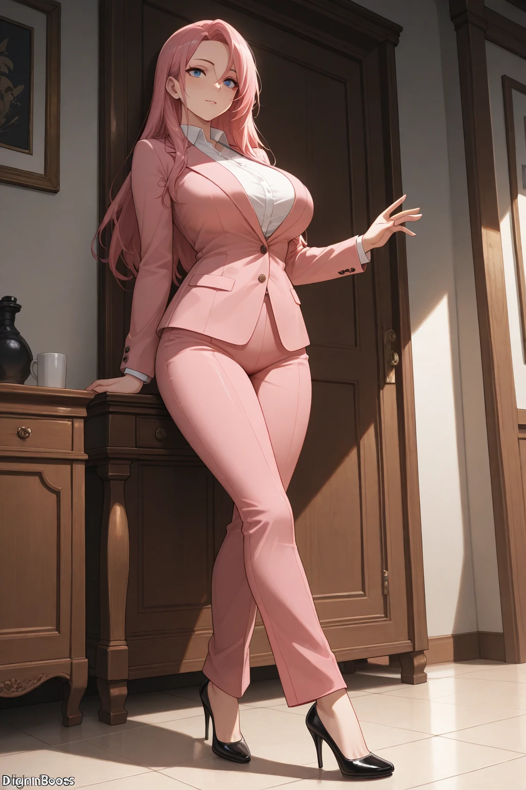 detailed woman in a suit, short pink hair, green eyes, cleavage, full body shot