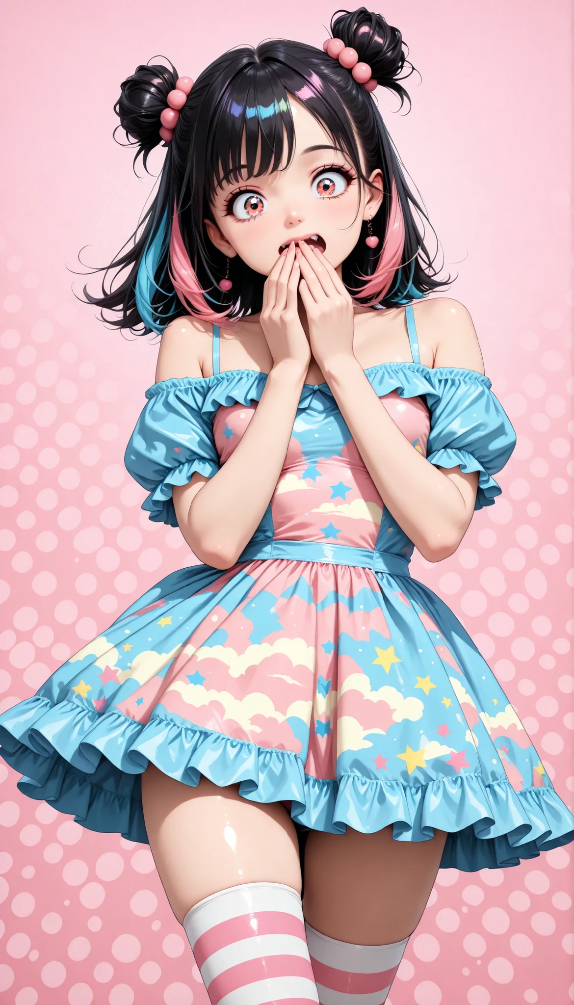cute young girl, (big eyes), (Xiaoyan), ( high detail skin :1.2), cute face, playful expression, Beautiful appearance, (comic style eyes , Retro Hairstyle , hand cover mouth, surprised), Pop Art, colorful, bright color, pastel colors, (detailed clothing, ruffle dress, big dot dress, off shoulder, Puff Sleeves, striped stockings), Pinup Style, ( pastel pink background , popping candy background), perfect face, perfect hands, perfect legs, perfect fingertips, Pop Art スタイル, is amazing, interesting, bright style , (top quality, very detailed, CG illustration , masterpiece:1.2, Best Aesthetics).