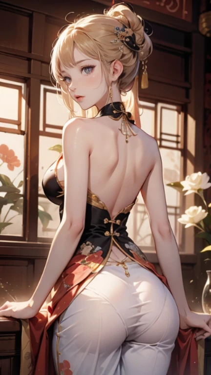 Please follow all prompts below exactly and faithfully. This is a breathtaking masterpiece of digital illustration, with maximum resolution, UHD, 512K, 2160p, 10 million ppi, 300 million dpi, natural color tones, ultra sharp details, perfect outlines with contrast, **most realistic skin and hair textures**, most beautiful detailed eye features, perfect anatomically correct human body, beautiful background with depth, rule of thirds, depth of field, Maximize all element is used to its full potential to create the best digital illustrations, looking back, from behind, 1woman, sexy:1.5, beautiful face sharp, elegant woman, perfect body style, slender, beautiful big breasts, green eyes, blonde hair, hair over one eye, short hair, glossy very thick lips:0.7, pink lipstick:0.7, smile, (Chinese clothes:1.5), ultra miniskirt:1.3, neckless:1.5, earring, bracelet, (open cafe:1.5),
