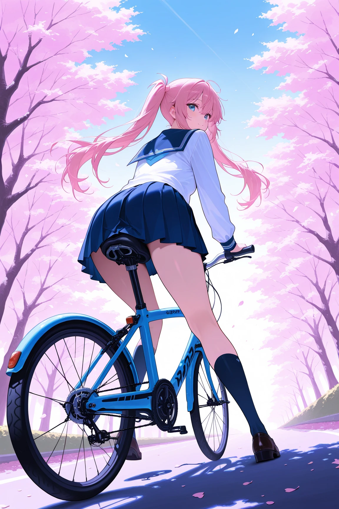 (score_9, score_8_up, score_7_up), source_anime, absurd_res, white, blue, black, 1girl, solo, super fine illustration, an extremely delicate and beautiful, best quality, masterpiece, 8K, stunningly beautiful girl, vibrant pink hair, twintail side-up, large beautiful blue eyes, detailed beautiful face, ideal curves, sailor uniform, sailor collar, mini pleated skirt, socks, loafers, bicycle, straddling bicycle, pedals, cherry blossoms in full bloom, falling petals, hillside road, view from behind, low angle view, epic moment, cinematic angle, official art style, bold composition, spring atmosphere, soft lighting, detailed background, school commute, morning scene, perfect proportions, nostalgic mood, vivid colors
