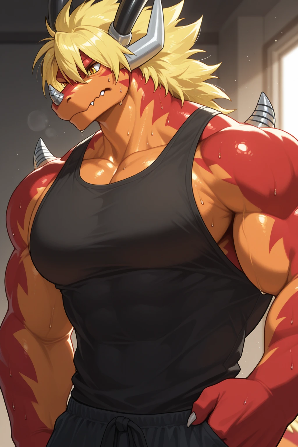 Muscular Bowser, Long hair, black open cut sleeveless gym shirt, shorts negros 