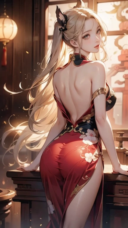 High resolution, adult woman , good lighting, despicable, , (No nudity), (((China dress))), (()), ((())), (garter belt), abdomen only, (), , cute face, I'Iは恥ずかしくて赤面します, humiliating, ((look back)), ((See-through))()(T-back)(A large amount of material is attached to the body,)、camel toe、huge tit、nipple puff、cleavage、Plump、Super big breasts、super big butt、A body that looks like it's about to burst、Red Glasses