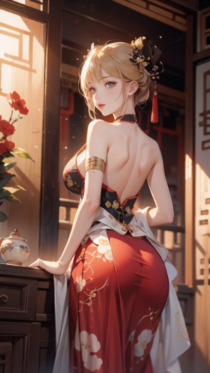 Please follow all prompts below exactly and faithfully. This is a breathtaking masterpiece of digital illustration, with maximum resolution, UHD, 512K, 2160p, 10 million ppi, 300 million dpi, natural color tones, ultra sharp details, perfect outlines with contrast, **most realistic skin and hair textures**, most beautiful detailed eye features, perfect anatomically correct human body, beautiful background with depth, rule of thirds, depth of field, Maximize all element is used to its full potential to create the best digital illustrations, looking back, from behind, 1woman, sexy:1.5, beautiful face sharp, elegant woman, perfect body style, slender, beautiful big breasts, green eyes, blonde hair, hair over one eye, short hair, glossy very thick lips:0.7, pink lipstick:0.7, smile, (Chinese clothes:1.5), ultra miniskirt:1.3, neckless:1.5, earring, bracelet, (open cafe:1.5),