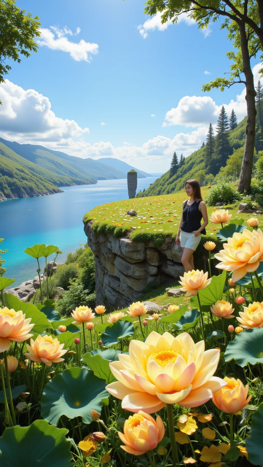 masterpiece、best image quality、夏の Scenery画像 、 fallen leaves on the plateau Scenery、 woman in ピンクのドレス、 fallen leaves on the plateau 、 Scenery、Colourful wild grass flower、pictures of trees and flowers、 deeply written 、high definition、yellow lotus flower different color、photorealism、very well detailed、Art Station、The person is small 、 complicated 、High detail、The ocean can be seen in the distance。