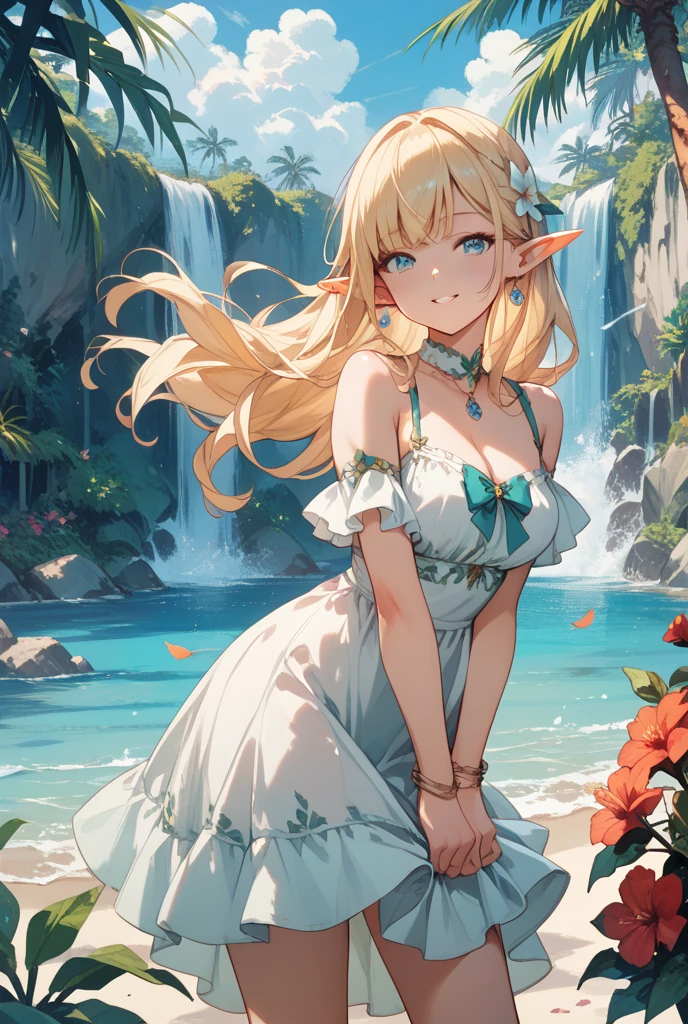 highest quality、Highest image quality、masterpiece、A beautiful elf woman holding a bouquet of white roses((22 years old OL big bust、Bust 98,beautiful long ironed hair、blonde、、nice buddy、slender、Close-up、Esbian、High quality、beautiful art、background blue sky sunny sky、beautiful sea、Mid summer、muste piece、visual art、Depth of bounds written、low angle of morning sky、magic of light、space knight、、A happy smile、gentle light、、Beautiful legs that are gentle on the skin、、、Number of fingers to achieve precise finger movements、ticker beautiful decorative、elegant、mystical　rosa、　 beautiful dressy、、Raphael&#39;s paintings、renaissance art、friendly smile、美しいプリズム青水着ビキニ👙セパレート
セパレート、Bikini Gravure、Sea of Coral、Hawaii