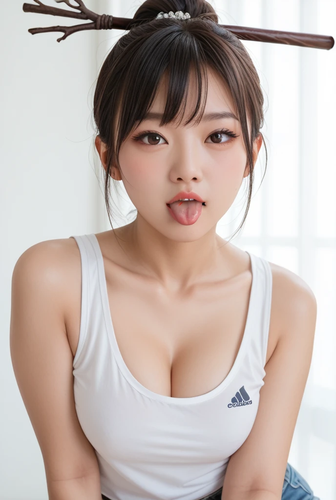A slutty 18 year old girl rapidly smoking cigarettes, addicted to cigarettes, pigtails, piercings, looking at me, pain, agony, smoking cigarettes, the cigarette ash is growing very long, Sucking very hard on the cigarette, gym girl, very busty, korean, titty fuck