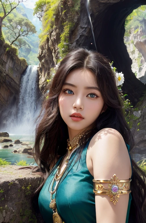 ((Realistic:1.5)),Ulzzang-6500:1.3,((Best quality)), ((Masterpiece)),((Detailed)),2girls,duo,{2 beautiful women}, (Upper body:1.3),Hug and touch each other, Tease your friend's waist, Breathless friends, Biting a friend's earlobe, crouched,super wide shot,Face focus, Long legs,Curvy, Barefoot,Wide hips, Thin legs, Oversized eyes,Long eyelashes, (Detailed face,beautidful eyes, detailedpupils,detailed clothes features, Clear background:1.3), (armlets, bangle:1.3), Mysterious ancient ruins, floresta exuberante, Deep canyon,bridge,River,cliff,Cloud,lakes,Rock music,Waterfalls, Flowers, Grass,grape trees,tree,bright detail,Sharp,Perfect compounding, Intricate, Sharp focus, Dramatic,