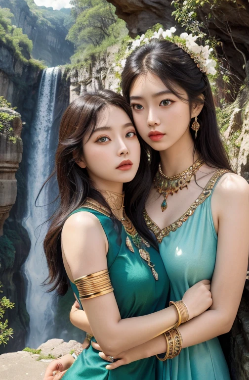 ((Realistic:1.5)),Ulzzang-6500:1.4,((Best quality)), ((Masterpiece)),((Detailed)),2girls,duo,{2 beautiful women}, (Upper body:1.3),Hug and touch each other, Tease your friend's waist, Breathless friends, Biting a friend's earlobe, crouched,super wide shot,Face focus, Long legs,Curvy, Barefoot,Wide hips, Thin legs, Oversized eyes,Long eyelashes, (Detailed face,beautidful eyes, detailedpupils,detailed clothes features, Clear background:1.3), (armlets, bangle:1.3), Mysterious ancient ruins, floresta exuberante, Deep canyon,bridge,River,cliff,Cloud,lakes,Rock music,Waterfalls, Flowers, Grass,grape trees,tree,bright detail,Sharp,Perfect compounding, Intricate, Sharp focus, Dramatic,