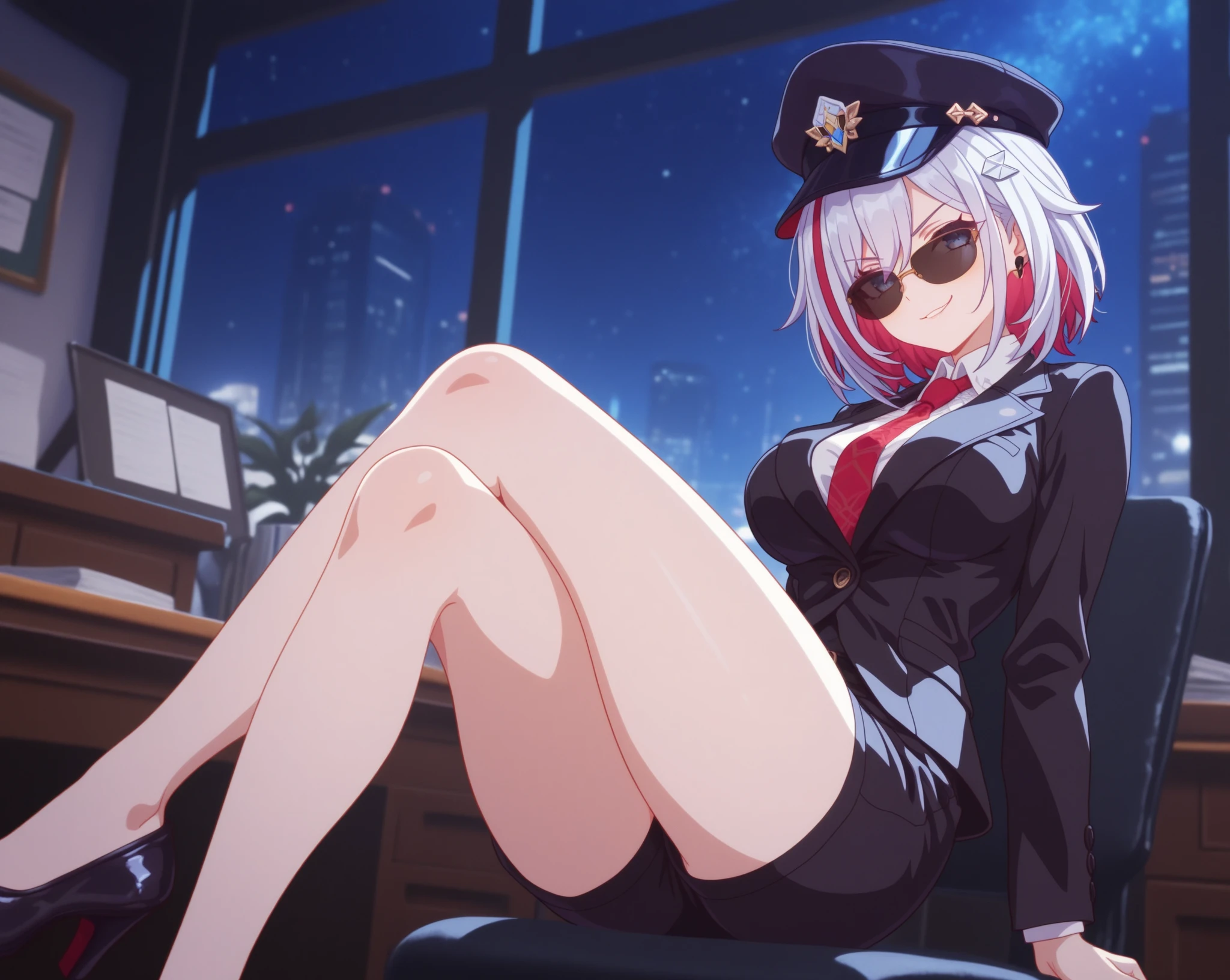 with short white hair, Purple eyes, Black pleated skirt，Inside was a white sailor suit，Wearing black pantyhose, Plump body, An anime character, Only one person，Drinking brown drinks on the street