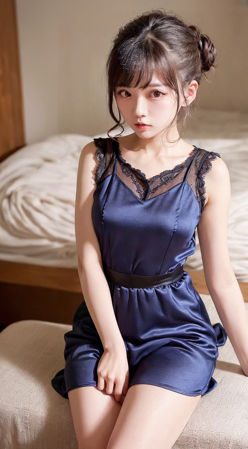 Navy Blue Dress 、(Highest quality)), (Very detailed), ((Very detailed)), 4K, (8k), Highest quality, One person,Kind Face、Soft Light、RAW quality、Thighs、Heel