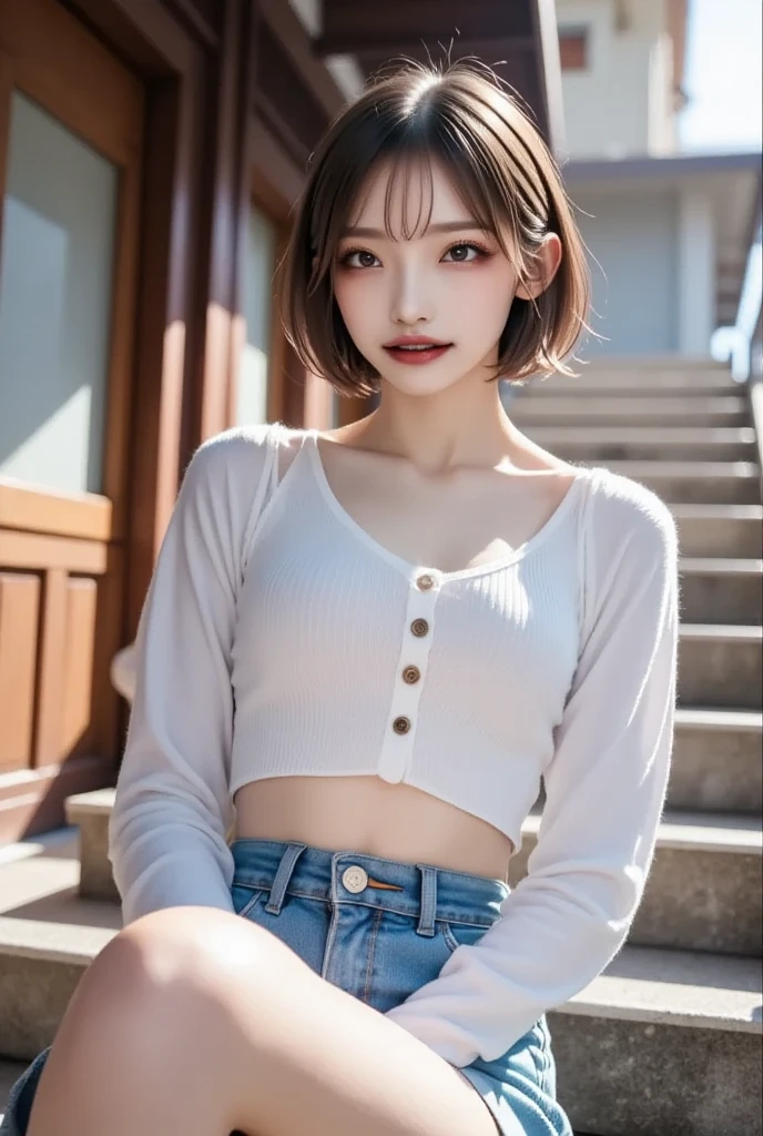 detailed face, cute face, brown eye, master piece , best quality , highly detailed , (matured female) , (chair) , (sitting) , (v arms) , blouse , short denim ,( blond hair, earrings)
